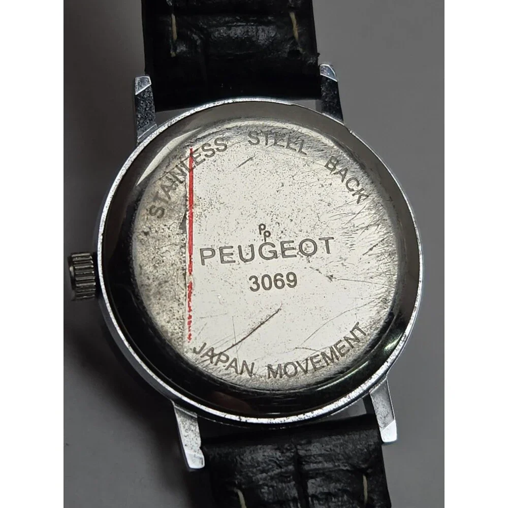 Peugeot Womens Sun Moon Phase Silver Tone Leather Watch Retro Dress New Battery